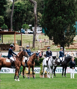Great Britain’s Team Audevard stand third on the podium in Rome’s five-star Nations Cup